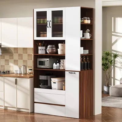 Zdjęcie produktu dla Szafka kuchenna Flieks z regulowanymi półkami, szafka bufetowa z wysuwanymi półkami i szkłem żłobkowanym, szafka wysoka 100 x 40 x 200 cm, biała + orzech