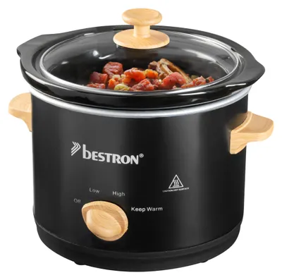 Immagine prodotto di Pentola a fuoco lento Bestron per 2 persone, pentola a fuoco lento con padella in Vetroceramica e coperchio in vetro, termostato a 3 livelli, ideale per molti piatti come carne, zuppe e verdure, 1,5 litri, Black & Wood, colore: nero/legno