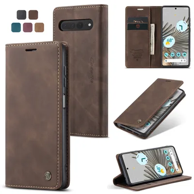 A collage of images showcasing a brown leather flip case for a Google Pixel 7 Pro phone, with various angles and color options displayed.