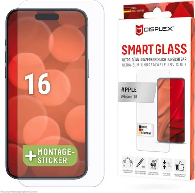 Produktbild von Displex Smart Glass (9H) für Apple iPhone 15/15 Pro/16, Montagesticker, unzerbrechlich, Apple, iPhone 15/15 Pro/16, Trockene Anwendung, Schmutzabweisend, Kratzresistent, Transparent, 1 Stück(e)