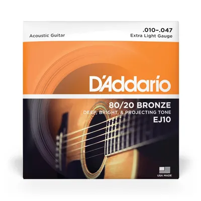 A product package for D'Addario acoustic guitar strings.