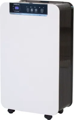 A white dehumidifier with black ribbed sides and a black control panel on top, shown from a slight angle on a white background.