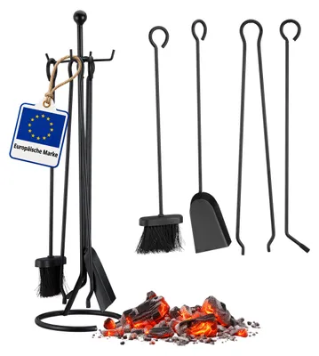 Produktbild von 6 tlg Kamin-Set, Ascheeimer mit Deckel, Kaminbesteck 5-teilig, mit Schaufel, Besen, Schürhaken, Zange u. Halter, schwarz