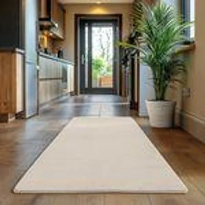 A cream-colored rug is laid out on a wooden floor in a hallway, with a doorway and a potted plant visible in the background.