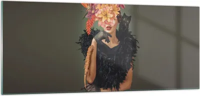 Produktbild von Bilder auf glas - Einteilig - Frau Katze Blumen - 100x40cm - Glasbilder - Wandbilder - Bilder - zum Aufhängen bereit - Wanddekoration aus Glas - Glas Bilder - Wandbild auf Glas - GAB100x40-4825