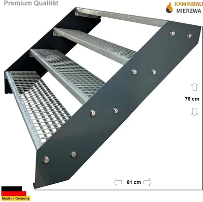 Produktbild von Gitterrost Stahl Wangentreppe 4 Stufen Verzinkt & Anthrazit Pulverlackierte Wangen - (L x B x H) 82cm x 100cm x 76cm