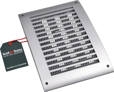 A silver ventilation grille with a dark green tag attached by a red string.