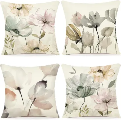 Produktbild von Blumen Kissenbezug 40x40 4er Set Outdoor Kissen Dekokissen Leinen Kissenhülle Kissenbezüge Florales Aquarellgemälde Kissenhüllen für Sofa Wohnzimmer Zierkissen 40x40cm