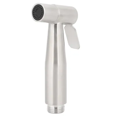 A stainless steel bidet sprayer head is shown against a white background.