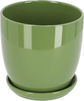A green ceramic plant pot with a matching saucer.