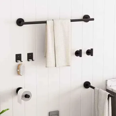Produktbild von 4-teiliges Handtuchhalter-Set, Schwarz, Wandmontage, aus Edelstahl, inklusive Toilettenpapierhalter