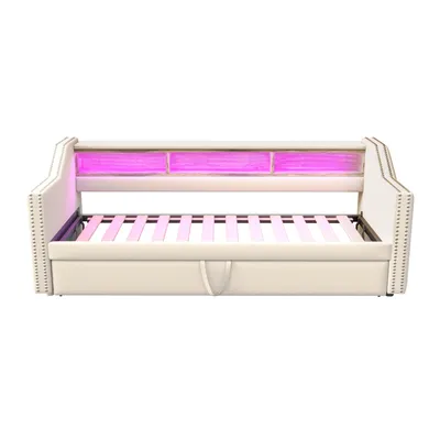 Produktbild von Flieks Polsterbett Schlafsofa 90x190cm/180x190cm, Tagesbett Daybed mit Unterbett, Holzbett Sofabett mit USB und LED, Funktionsbett Leinen, Beige