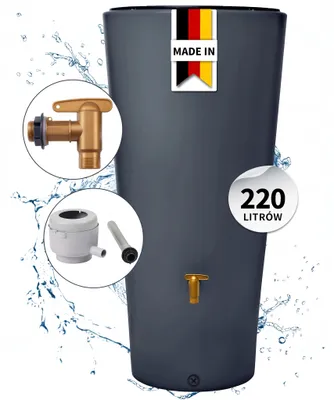 Zdjęcie produktu dla 4rain VASO 2w1 zbiornik na deszczówkę 220 l, graphite grey, z kranem spustowym z tworzywa sztucznego i przyłączem do rury spustowej, Obraz wygenerowany przez AI