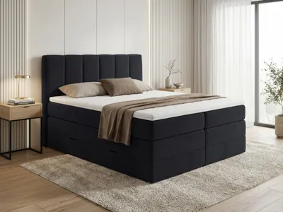Produktbild von Boxspringbett Star XL mit 2 Bettkästen und Topper, mit Taschenfederkern- und Bonellfederkernmatratze, Doppelbett, Polsterbett aus Veloursstoff mit Stauraum (Schwarz (Kronos 07), 180 x 200 cm)