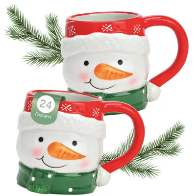 Produktbild von Schneemann Weihnachts-Tassen 24er Set bunt in 10 cm, 370 ml