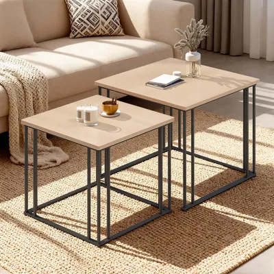 Produktbild von BALCONERA Couchtische, Beistelltische, Wohnzimmertisch, 2er-Set, Quadratisch, Ineinanderschiebbar, Metallgestell, 60x60x50cm, 50x50x44cm, hellbraun
