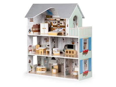 A detailed view of a multi-story dollhouse with furniture.
