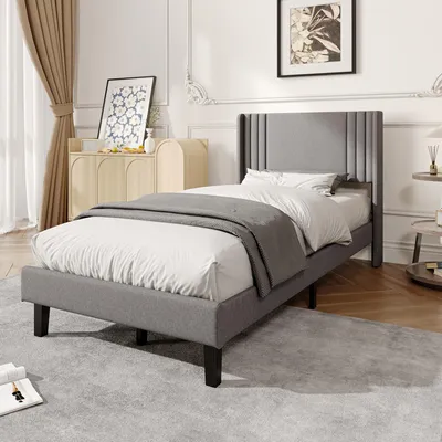 Obrázek produktu pro Postel s čalouněnou konstrukcí 90x200 cm, včetně roštu, jednolůžko s vysokou čalouněnou opěrkou, kovový rám, lněná tkanina, šedá barva, výška od podlahy 15,5 cm, bez matrace