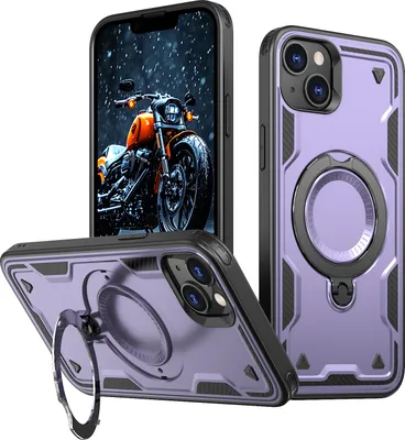 Produktbild von Dual Layer Hülle für iPhone 13/iPhone 14 Metall Ring Ständer Magnetisch Stoßfest Militär Handyhülle Lila