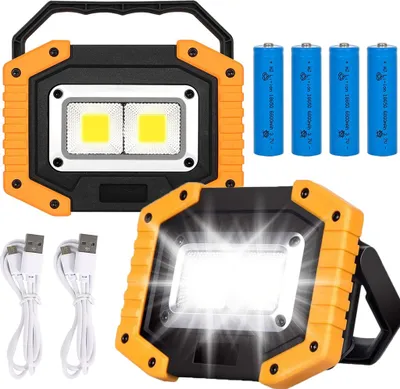 Two LED work lights, batteries, and charging cables are displayed against a white background.