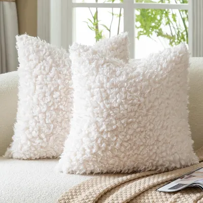 Obrázok produktu pre Sada dvoch obliečok na vankúše, 40x40 cm, krémová farba, umelý kožúšok, textúra bouclé, sherpa, plyšová, fleece