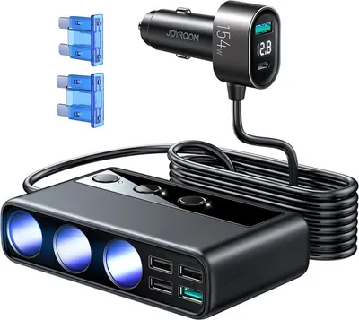 Produktbild von Joyroom 9in1 Laptop Autoladegerät 154W - 5x USB / 1x USB Type C / 3x Zigarettenanzünder Power Delivery / Quick Charge / PPS / AFC / FCP schwarz (JR-CL06)