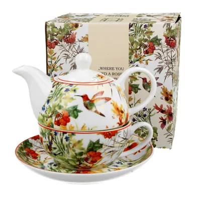 Produktbild von Duo | Teeservice - Tasse + Kanne - Porzellan - Cremeweiß - Edelstahl-Teefilter - Geschenkset - Blumendekor