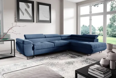 Productafbeelding van Eckbank met slaapfunctie DECLAN, bekleding: stof Poso, kleur: blauw, met ottomaan aan de rechterkant
