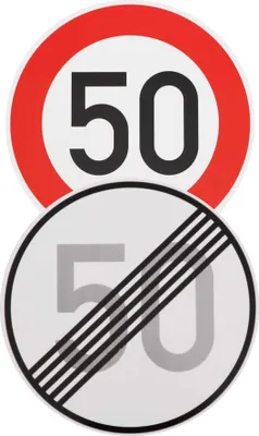 Produktbild von Original 2 x Verkehrsschild Nr. 278-50 Ende 50 km/h und Nr. 274-50 50 km/h Straßenschild Verkehrszeichen Schilder Temposchild 600 mm nach StVO mit RAL