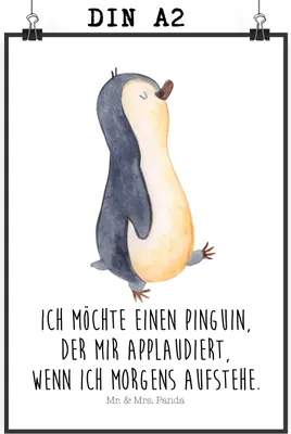 Produktbild von Mr. & Mrs. Panda Bild Pinguin marschieren DIN A2 - Weiß - Geschenk, Spazieren, Wanddekoration, Wandbild, drucke, Plakat, wanddeko, Aufstehen, Unausgeschlafen, Bruder