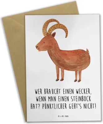 Produktbild von Mr. & Mrs. Panda Glückwunschkarte Steinbock Wecker - Weiß - Geschenk, Humor, Grußkarte, einladungskarten, Pünktlichkeit, weihnachtskarten, Zuverlässigkeit, osterkarte