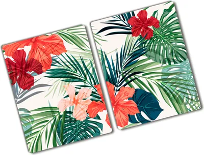 Produktbild von Tulup Glas Herdabdeckplatte - 2x40x52 cm - Glaskeramikkochfeld-Abdeckung Spritzschutz Glasabdeckplatte Kochplattenabdeckung und Schneidebrett - Zweiteilig - Blumen & Pflanzen - Tropische Blumen - Mehrfarbig