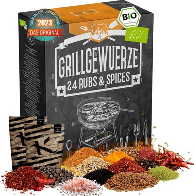BIO BBQ Grillgewürz Adventskalender I Weihnachtskalender 2023 mit 24 edlen Barbeque Gewürzspezialitäten I Premium BBQ Adventskalender Männer Grillen