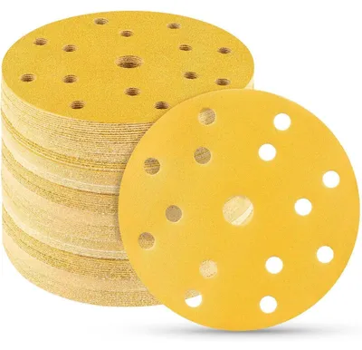 Immagine prodotto di Dischi abrasivi da 150 mm con sistema di fissaggio a velcro, grana 120, con 15 fori, confezione da 50 pezzi, adatti per levigatrici eccentriche, per legno, metallo e vernice