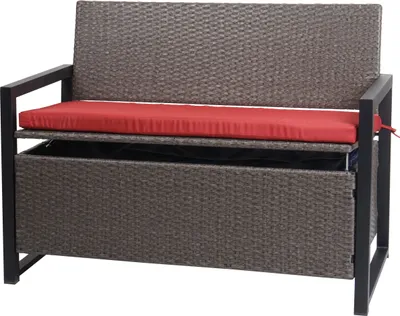 Produktbild von Poly-Rattan 2er Sitzbank HWC-F39, Gartenbank Truhenbank, Staufach Aufbewahrung Sitzkissen grau-meliert, Kissen rot