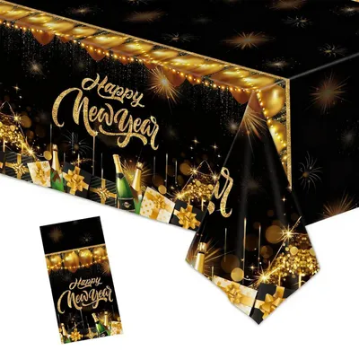 Productafbeelding van Silvester tafelkleed, 137x274 cm, zwart, goud, kunststof. Nieuwjaarsdecoratie