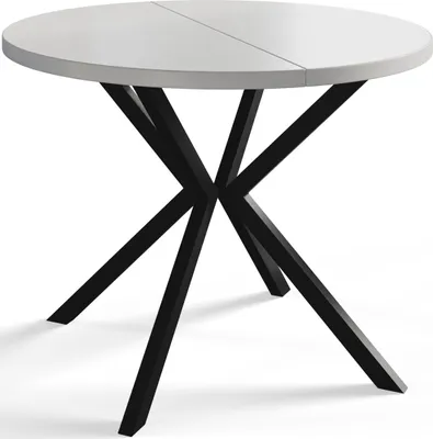 A round dining table with a white top and black geometric legs, shown from a slightly elevated angle against a white background.