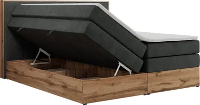 Produktbild von MKS MEBLE Boxspringbett, Doppelbett mit zwei Multipocket-Matratzen ALBERO 1 KING, Bettkästen und Kopfteil, Holzkiste in Wotan-Eichenfarbe - 180x200 cm - H3 - Dunkelgrau Struktur