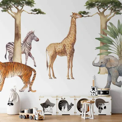 Produktbild von Selbstklebende Folie Fototapete - Jungle Animals on White Background Made With Watercolour Technique 196x140 cm Tiere g-C-10132-a-a