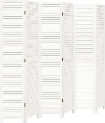 A white, slatted room divider is shown from the side, with multiple panels connected by hinges.