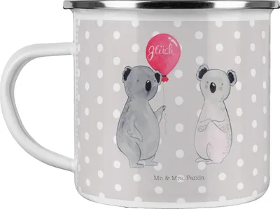 Produktbild von Mr. & Mrs. Panda metallbecher Koala Luftballon - Grau Pastell - Geschenk, Emaille Tasse, Party, Blechtasse, Teetasse, Pott, Becher, Geburtstag, Outdoor