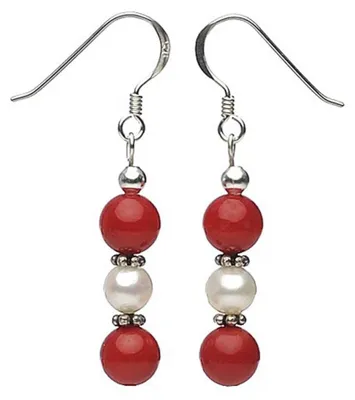 Produktbild von Ohrringe Ohrhänger aus Koralle & Süßwasserperlen & 925 Silber, rot-weiß, Ohrschmuck für Damen