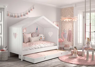 Image de Lit de maison Vipack Amori avec surface de couchage 90 x 200 cm, incl. sommier à lattes et tiroir de lit, finition en pin et MDF laqué blanc