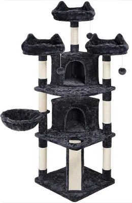 Produktbild von Famanu Kratzbaum für Katzen mit 3 Plattformen und 2 Höhlen - Stabile Spielmöglichkeit für aktive Katzen