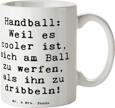 Produktbild von Mr. & Mrs. Panda Becher Spruch Handball Action - Weiß - Geschenk, Sport, Kaffeebecher, Teebecher, Kaffeetasse, Handballliebe, Teamsport, Geschicklichkeit, Sportler, Tasse