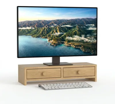 Produktbild von Relaxdays Monitorständer, 2 Schubladen, HxBxT: 12,5 x 47 x 18 cm, MDF, Monitorerhöhung Schreibtisch, PC Ständer, natur