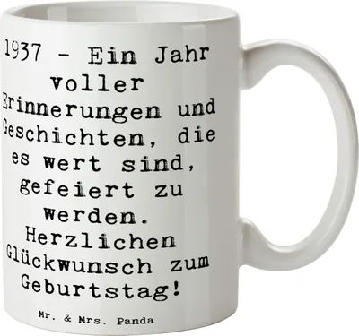 Produktbild von Mr. & Mrs. Panda Teetasse Spruch 1937 Geburtstag - Weiß - Geschenk, Kaffeebecher, Becher, Geburtstagsfeier, Jubiläum, Happy Birthday, Geburtstagsgeschenk, Geburtsjahr
