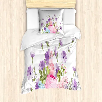 Produktbild von ABAKUHAUS Vintage Rose Bettbezug Set, Simplistic Floral Bouquet Muster auf einfachen Hintergrund, 135 x 200 cm + 80 x 80 cm, Violet Baby Pink