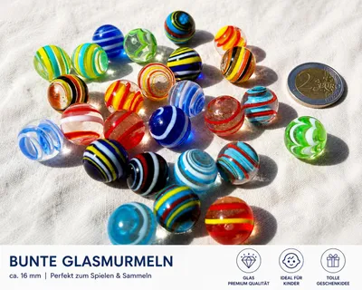 Produktbild von 25 Bunte Handgefertigte Glasmurmeln 16 mm – Glas Murmeln mit verschiedenen Mustern & Farben – Spielmurmeln Deko Sammelmurmeln, KI-generiertes Bild