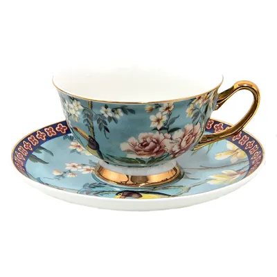 Immagine prodotto di Tazza Clayre & Eef con piattino 200 ml Uccelli in porcellana color oro blu